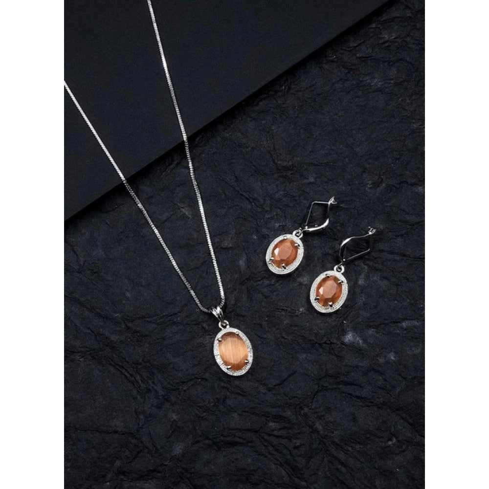 Amfyn Women's Brass Silver Plated Pendant Set (Orange)