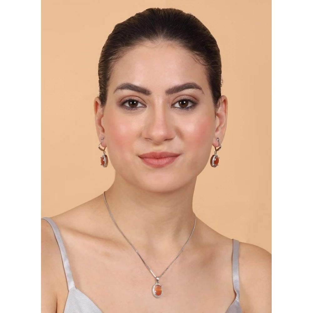Amfyn Women's Brass Silver Plated Pendant Set (Orange)