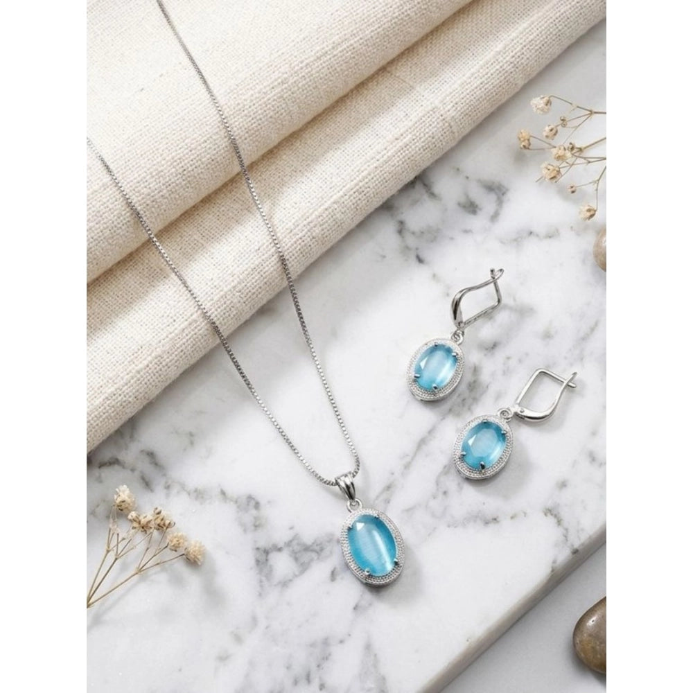 Amfyn Women's Brass Silver Plated Pendant Set (Blue)