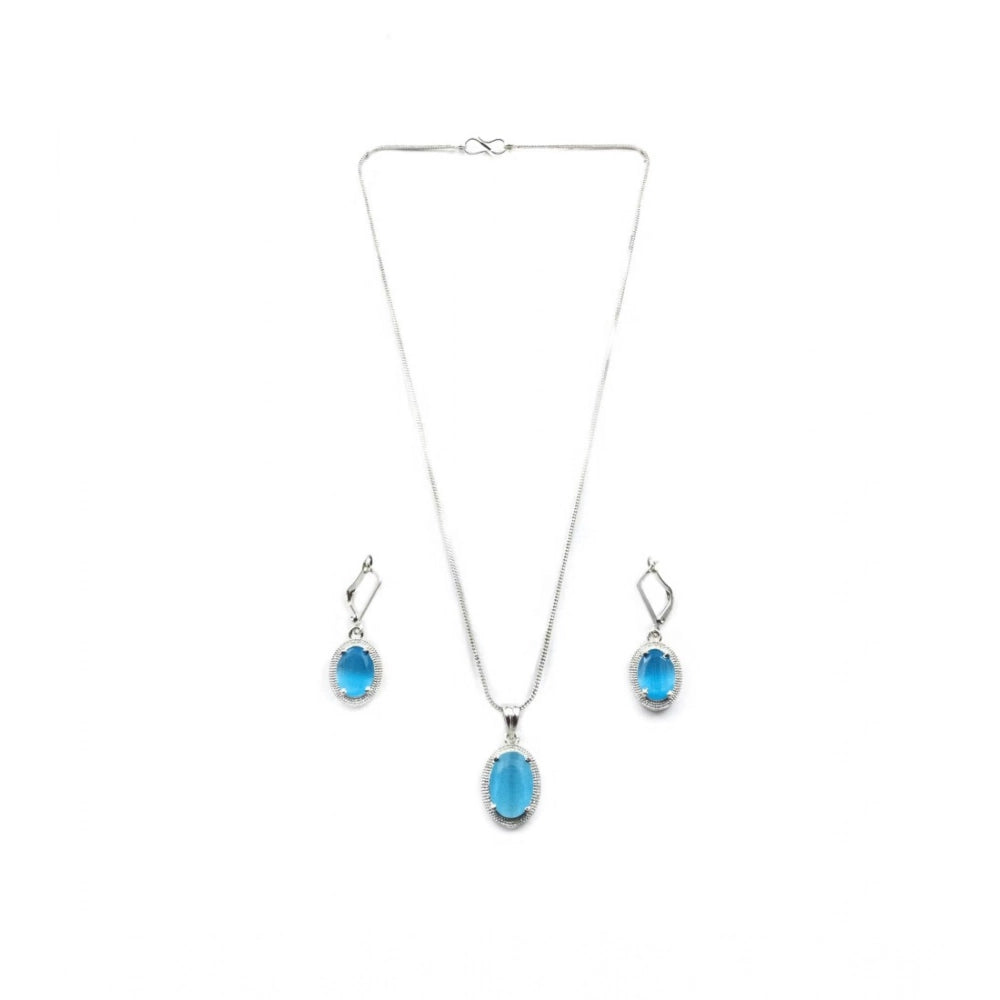 Amfyn Women's Brass Silver Plated Pendant Set (Blue)