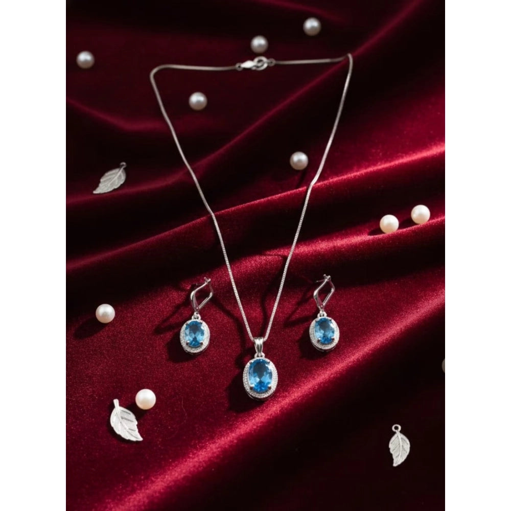 Amfyn Women's Brass Silver Plated Pendant Set (Blue)