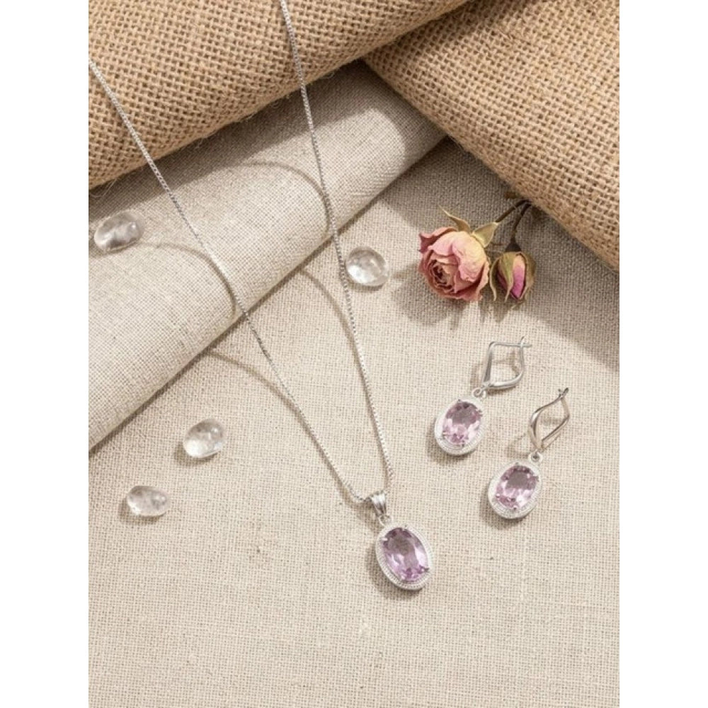Amfyn Women's Brass Silver Plated Pendant Set (Pink)