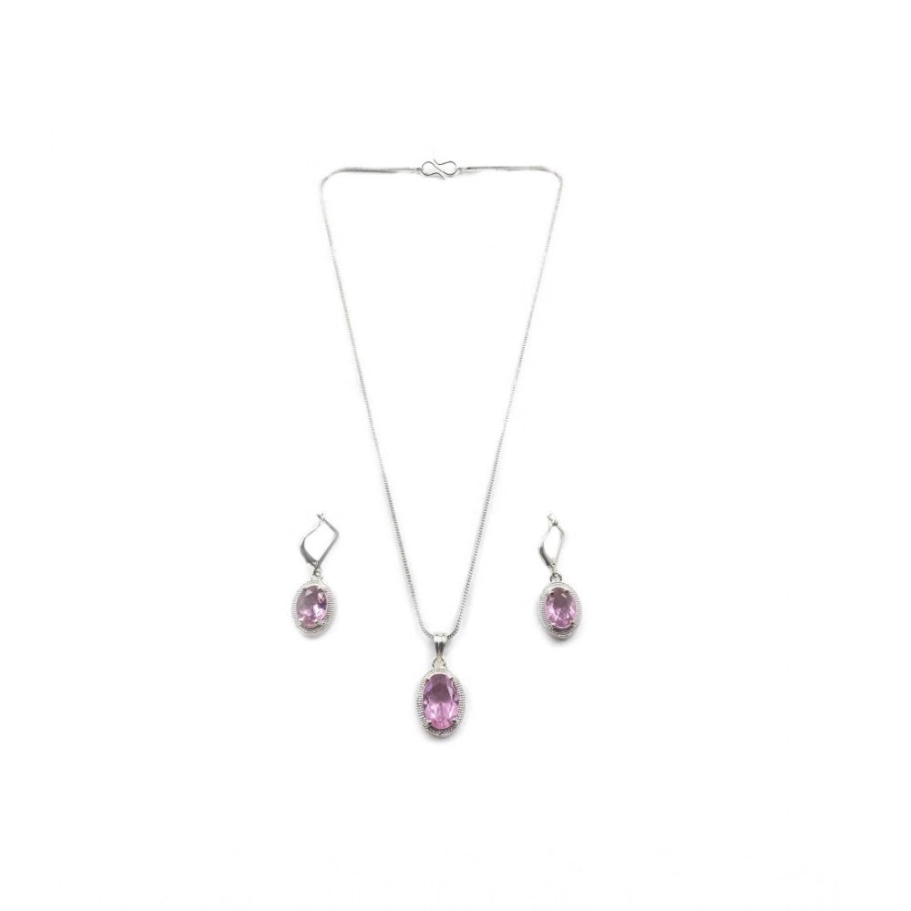 Amfyn Women's Brass Silver Plated Pendant Set (Pink)