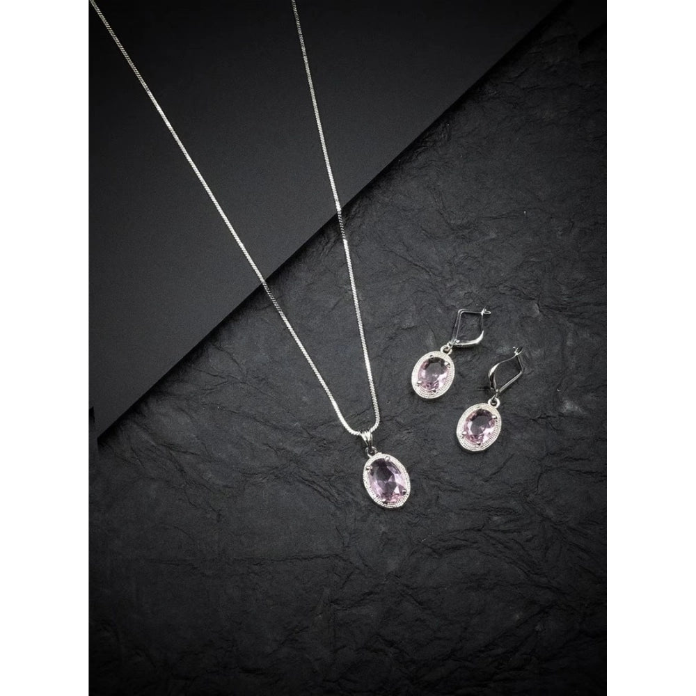 Amfyn Women's Brass Silver Plated Pendant Set (Pink)