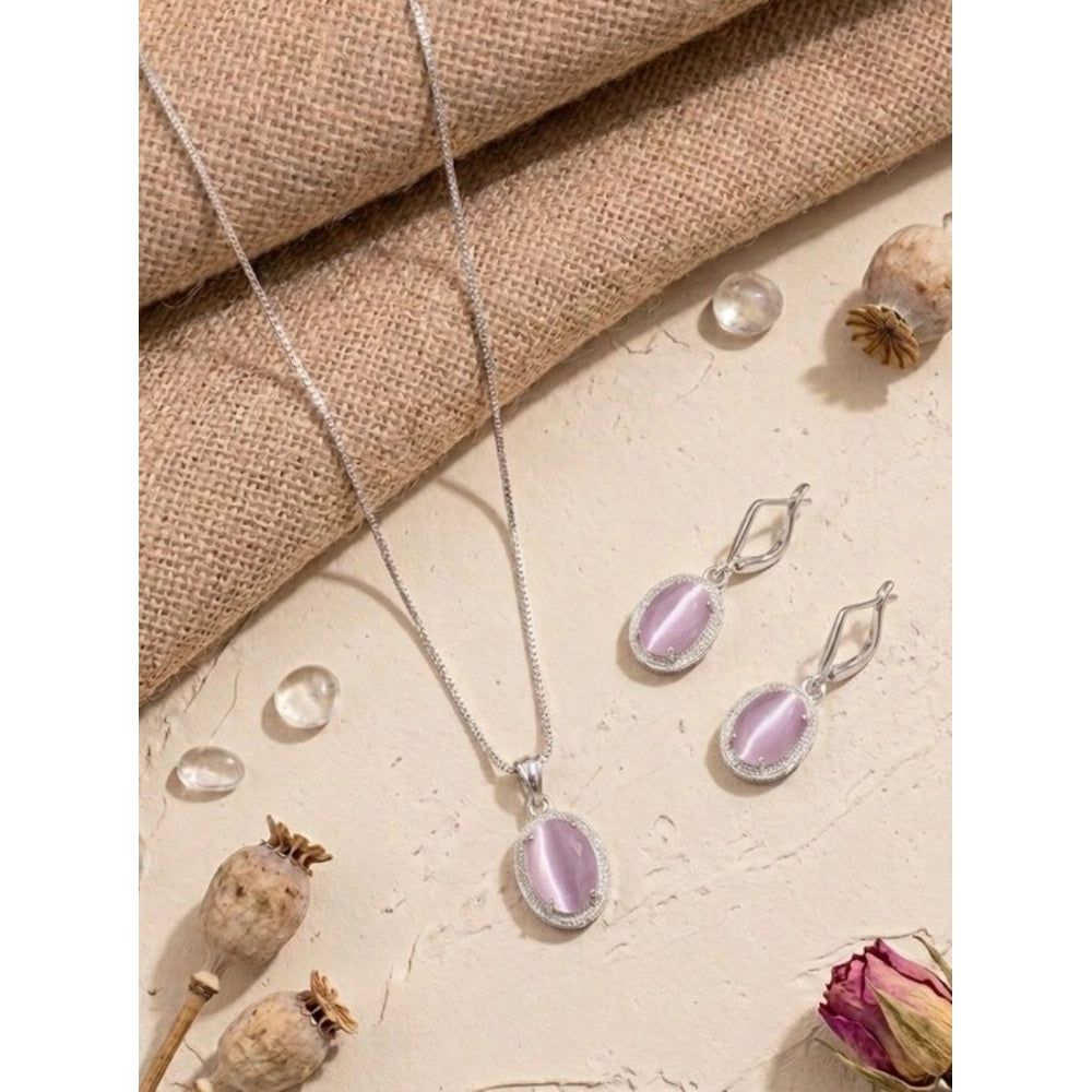 Amfyn Women's Brass Silver Plated Pendant Set (Pink)