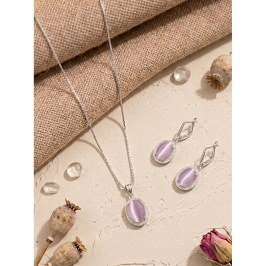 Amfyn Women's Brass Silver Plated Pendant Set (Pink)