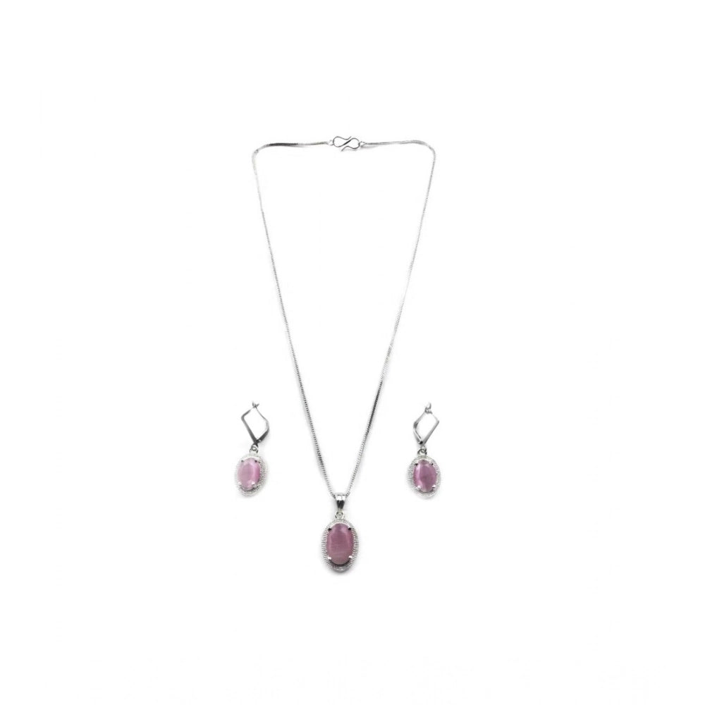 Amfyn Women's Brass Silver Plated Pendant Set (Pink)