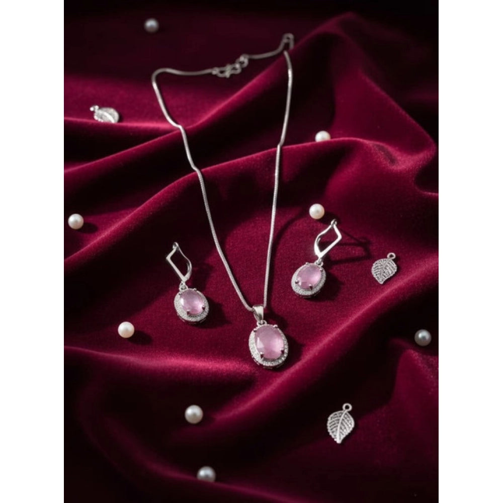 Amfyn Women's Brass Silver Plated Pendant Set (Pink)