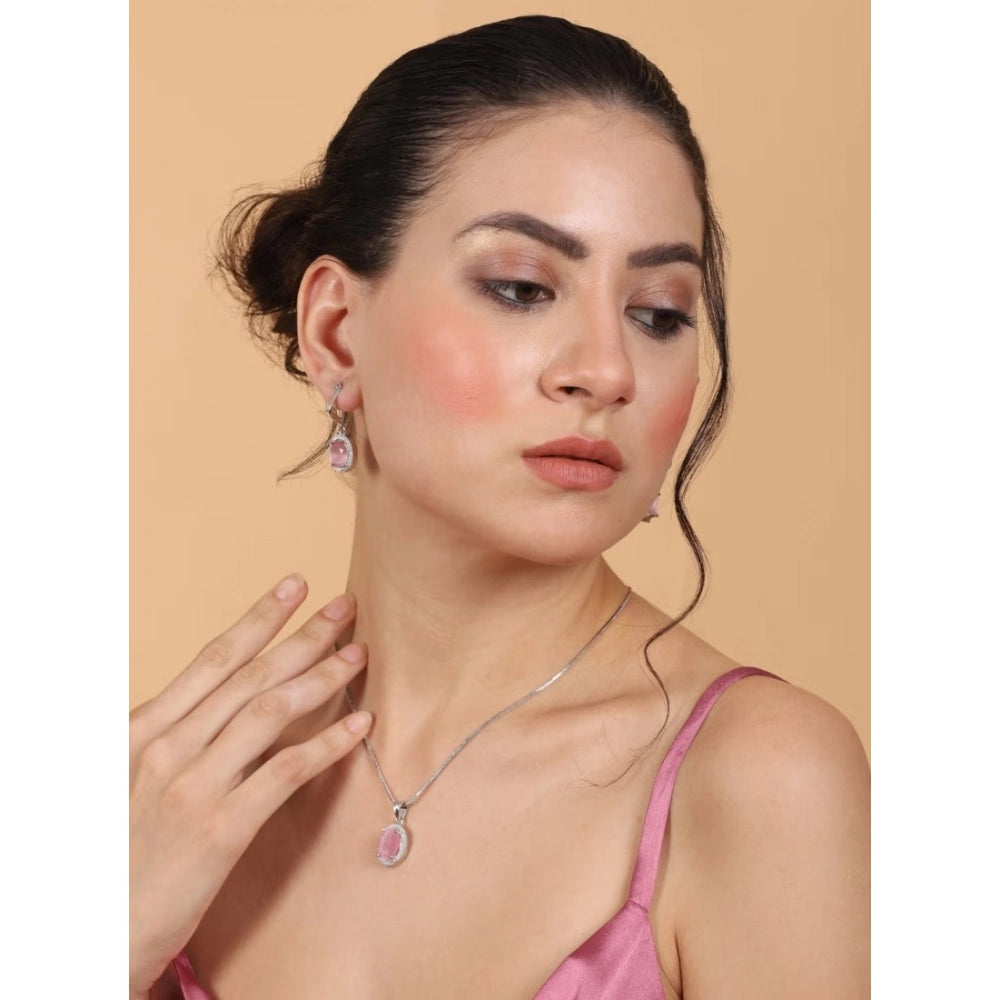 Amfyn Women's Brass Silver Plated Pendant Set (Pink)