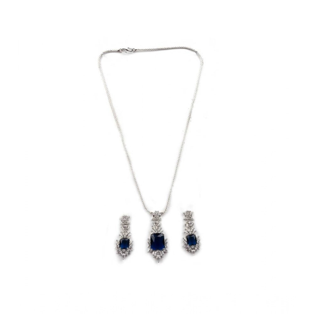Amfyn Women's Brass Silver Plated Pendant Set (Blue)