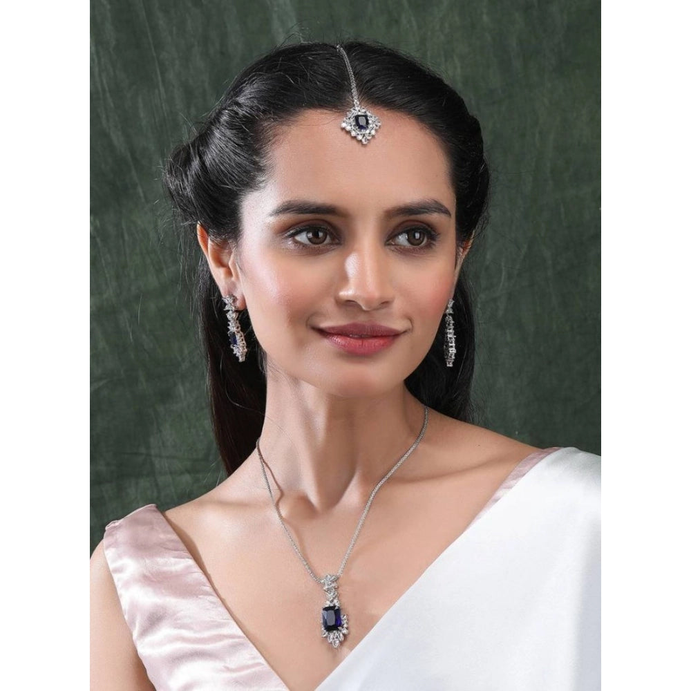 Amfyn Women's Brass Silver Plated Pendant Set (Blue)