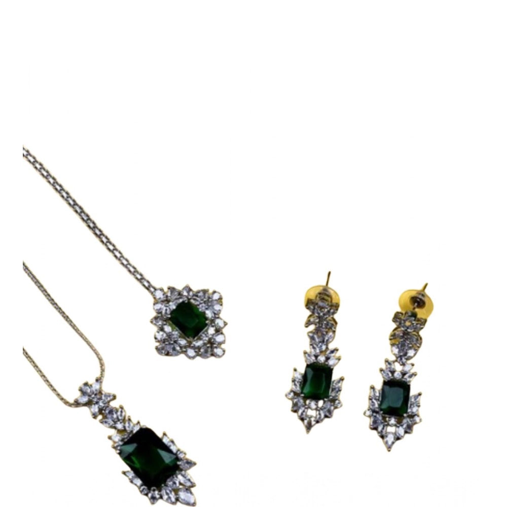 Amfyn Women's Brass Silver Plated Pendant Set (Green)