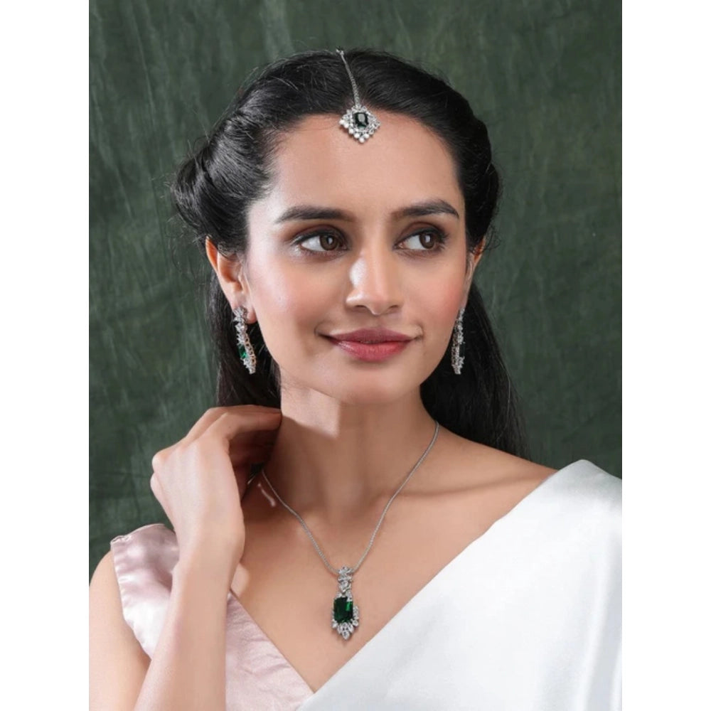 Amfyn Women's Brass Silver Plated Pendant Set (Green)