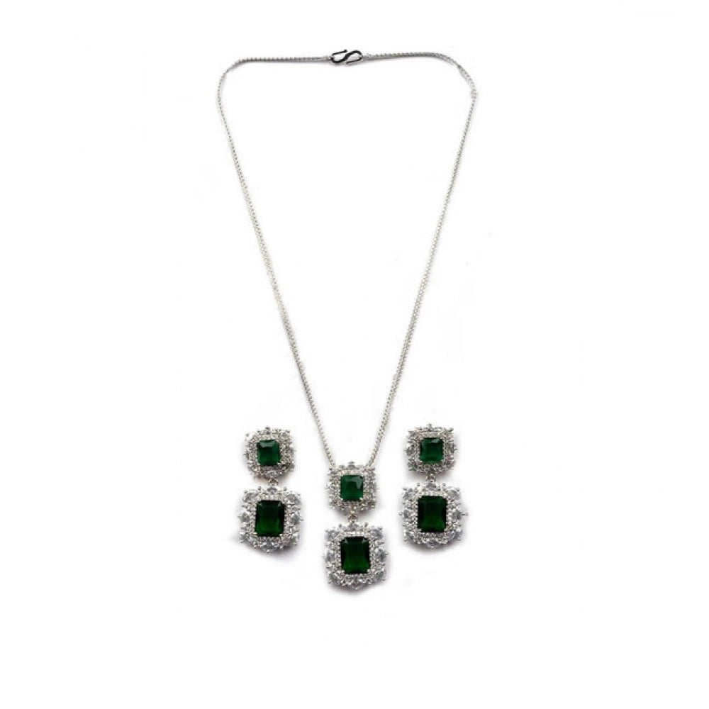 Amfyn Women's Brass Silver Plated Pendant Set (Green)