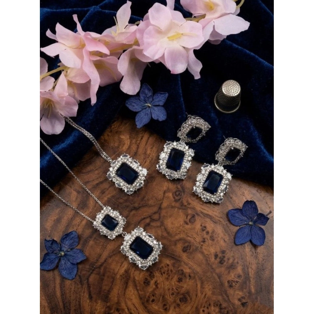 Amfyn Women's Brass Silver Plated Pendant Set (Blue)