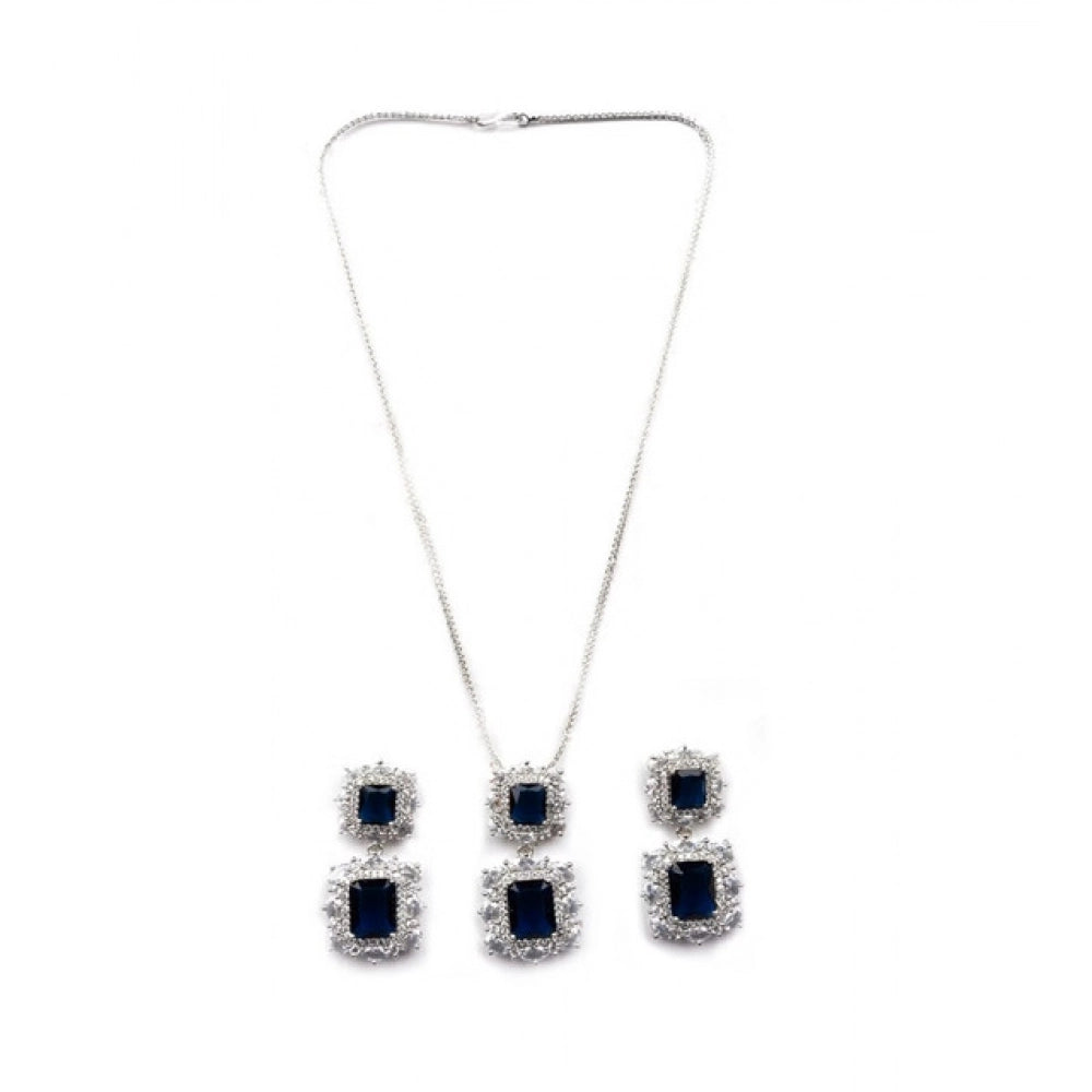 Amfyn Women's Brass Silver Plated Pendant Set (Blue)