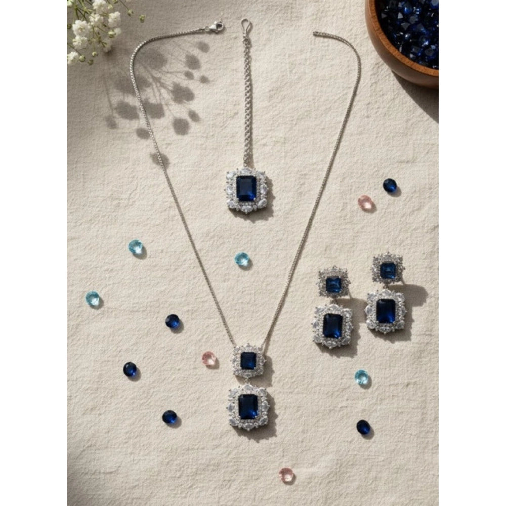 Amfyn Women's Brass Silver Plated Pendant Set (Blue)