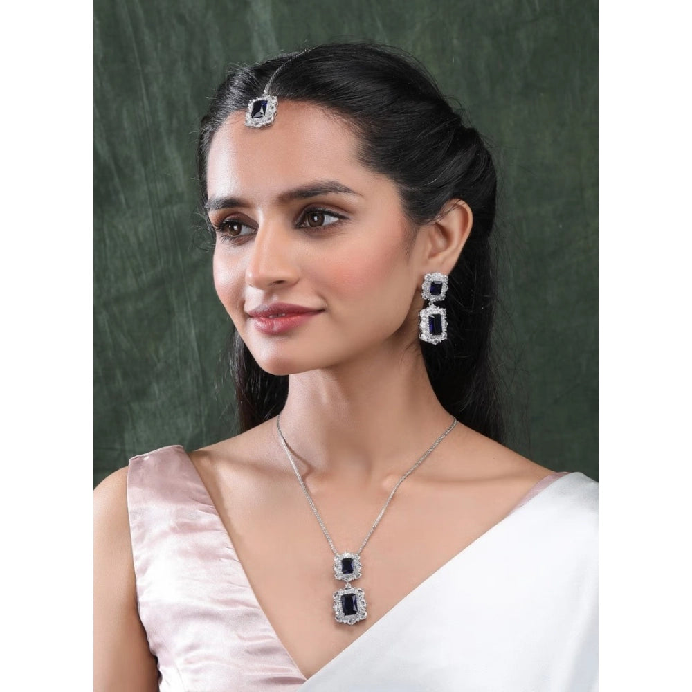 Amfyn Women's Brass Silver Plated Pendant Set (Blue)