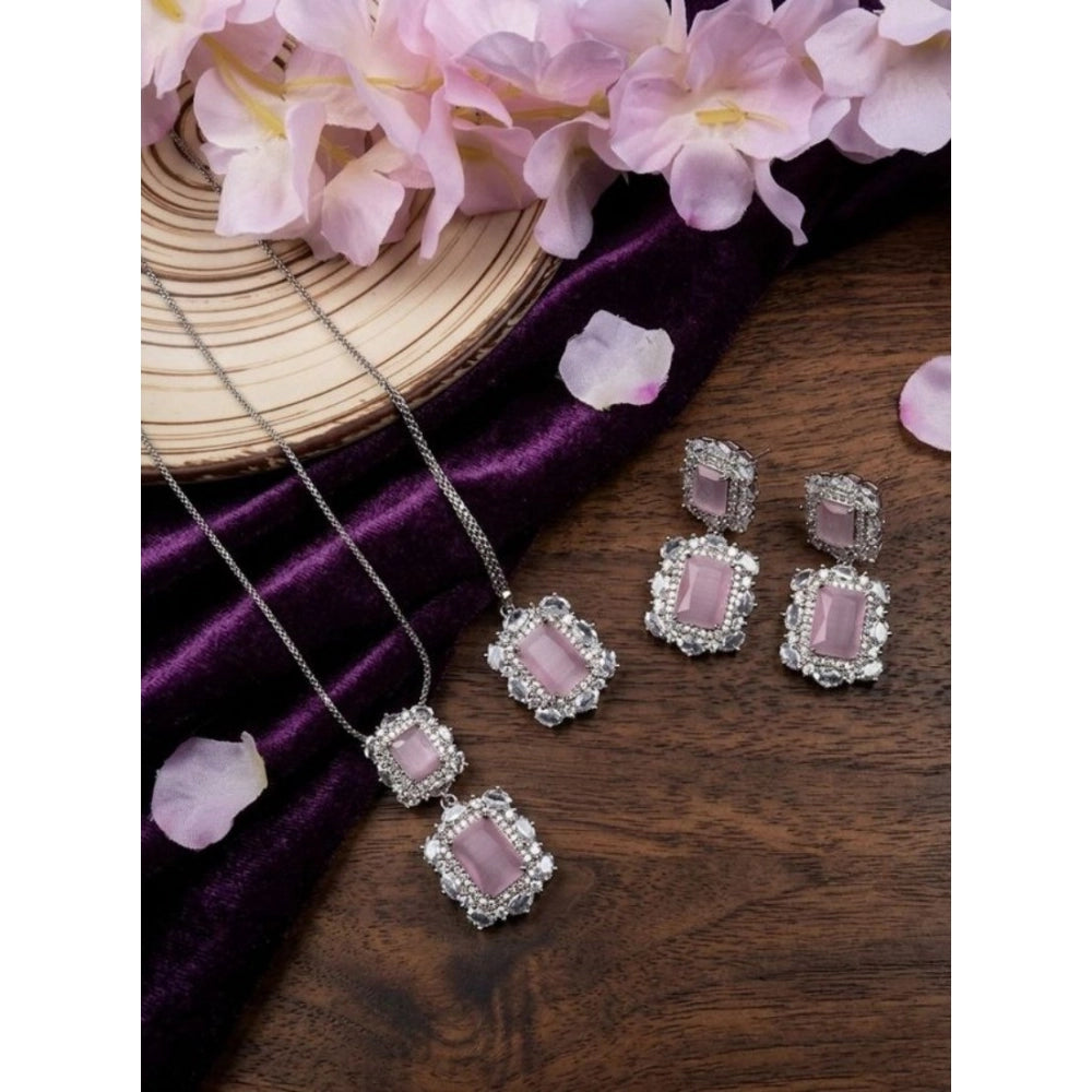 Amfyn Women's Brass Silver Plated Pendant Set (Pink)