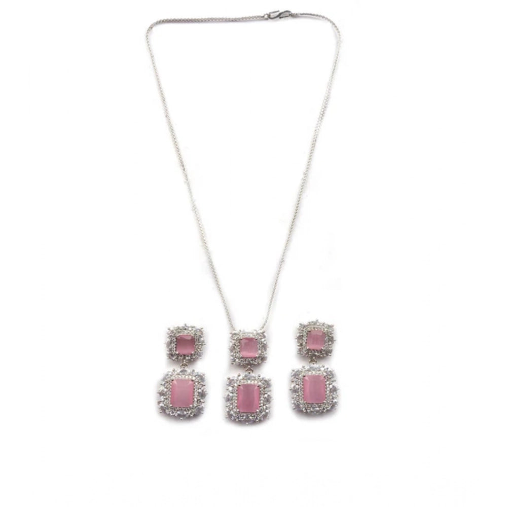 Amfyn Women's Brass Silver Plated Pendant Set (Pink)