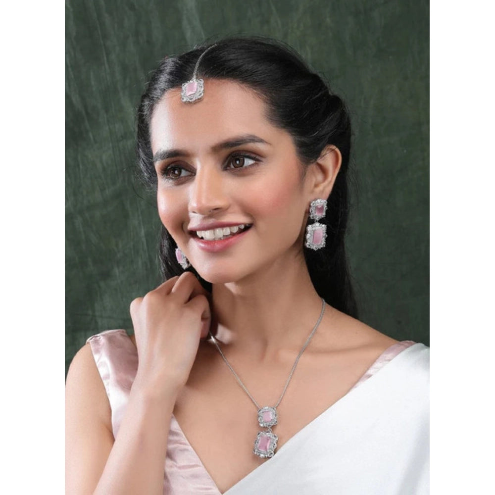 Amfyn Women's Brass Silver Plated Pendant Set (Pink)