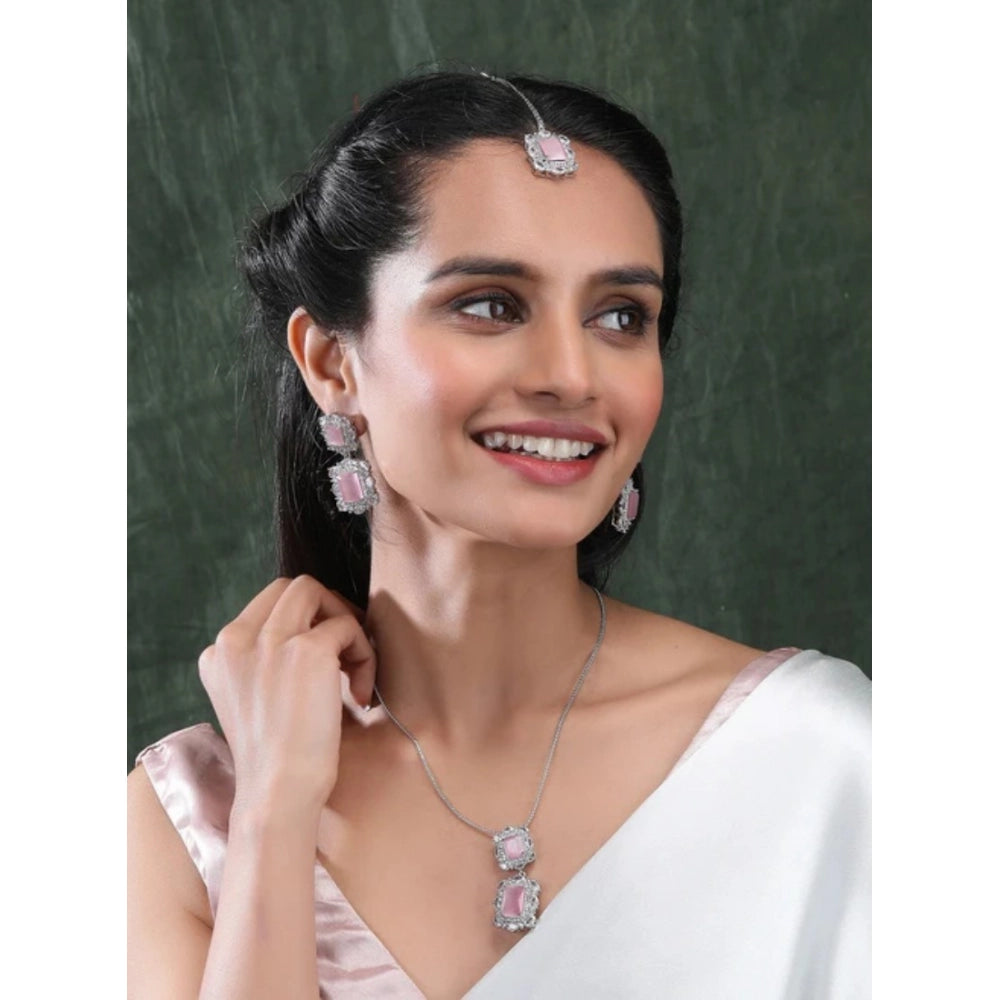 Amfyn Women's Brass Silver Plated Pendant Set (Pink)