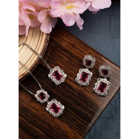 Amfyn Women's Brass Silver Plated Pendant Set (Red)