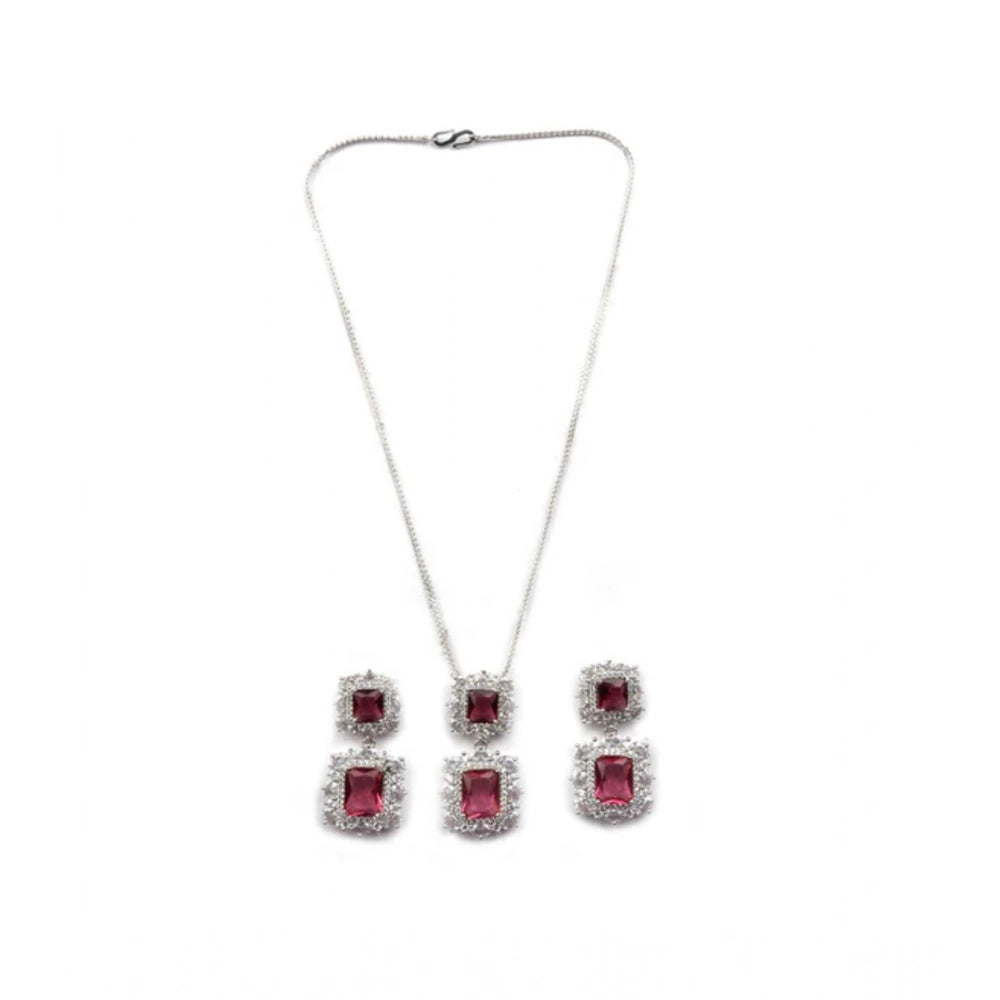 Amfyn Women's Brass Silver Plated Pendant Set (Red)