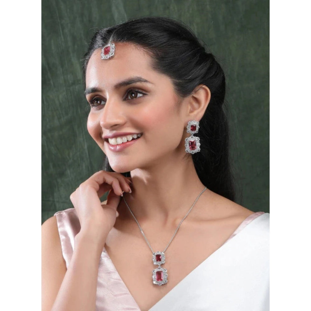 Amfyn Women's Brass Silver Plated Pendant Set (Red)