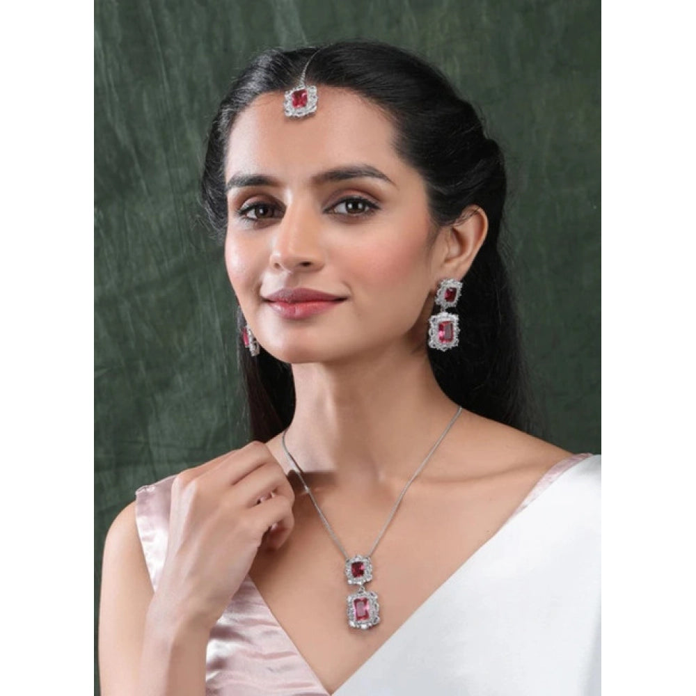 Amfyn Women's Brass Silver Plated Pendant Set (Red)