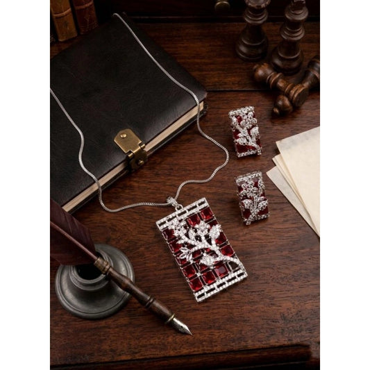 Amfyn Women's Brass Silver Plated Pendant Set (Red)