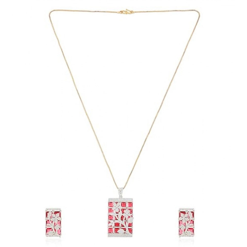 Amfyn Women's Brass Silver Plated Pendant Set (Red)