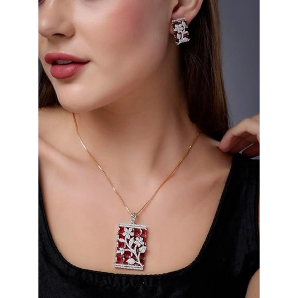 Amfyn Women's Brass Silver Plated Pendant Set (Red)