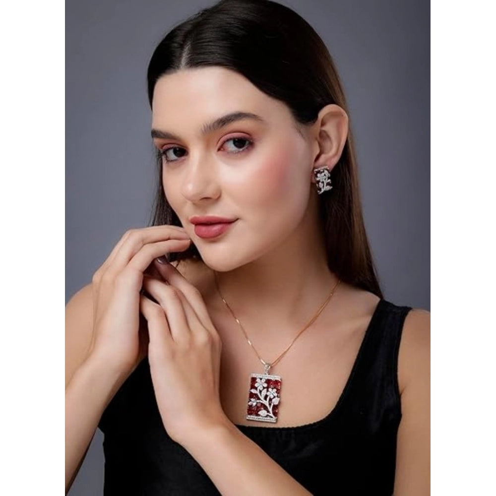 Amfyn Women's Brass Silver Plated Pendant Set (Red)