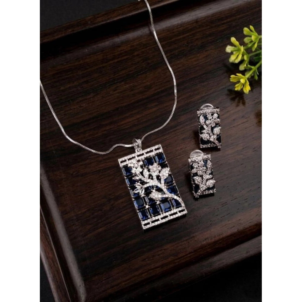 Amfyn Women's Brass Silver Plated Pendant Set (Blue)