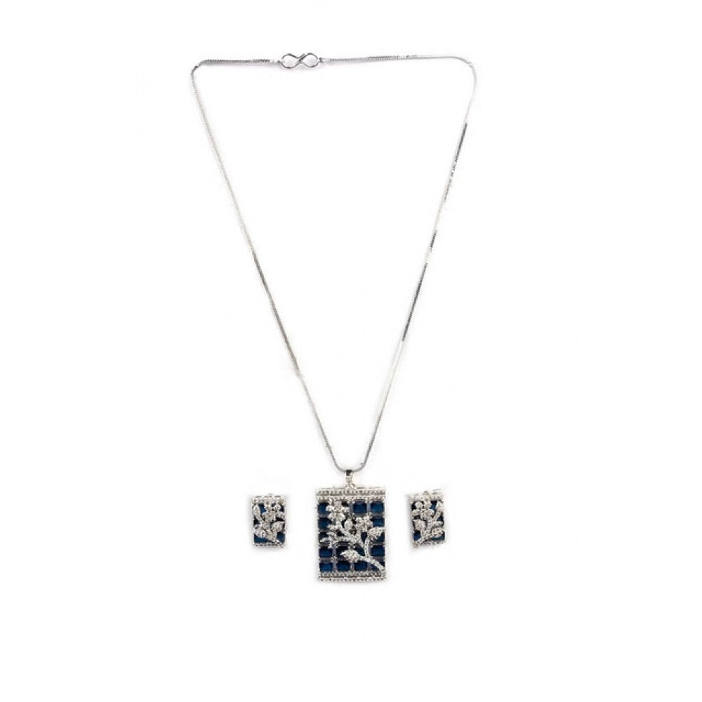Amfyn Women's Brass Silver Plated Pendant Set (Blue)