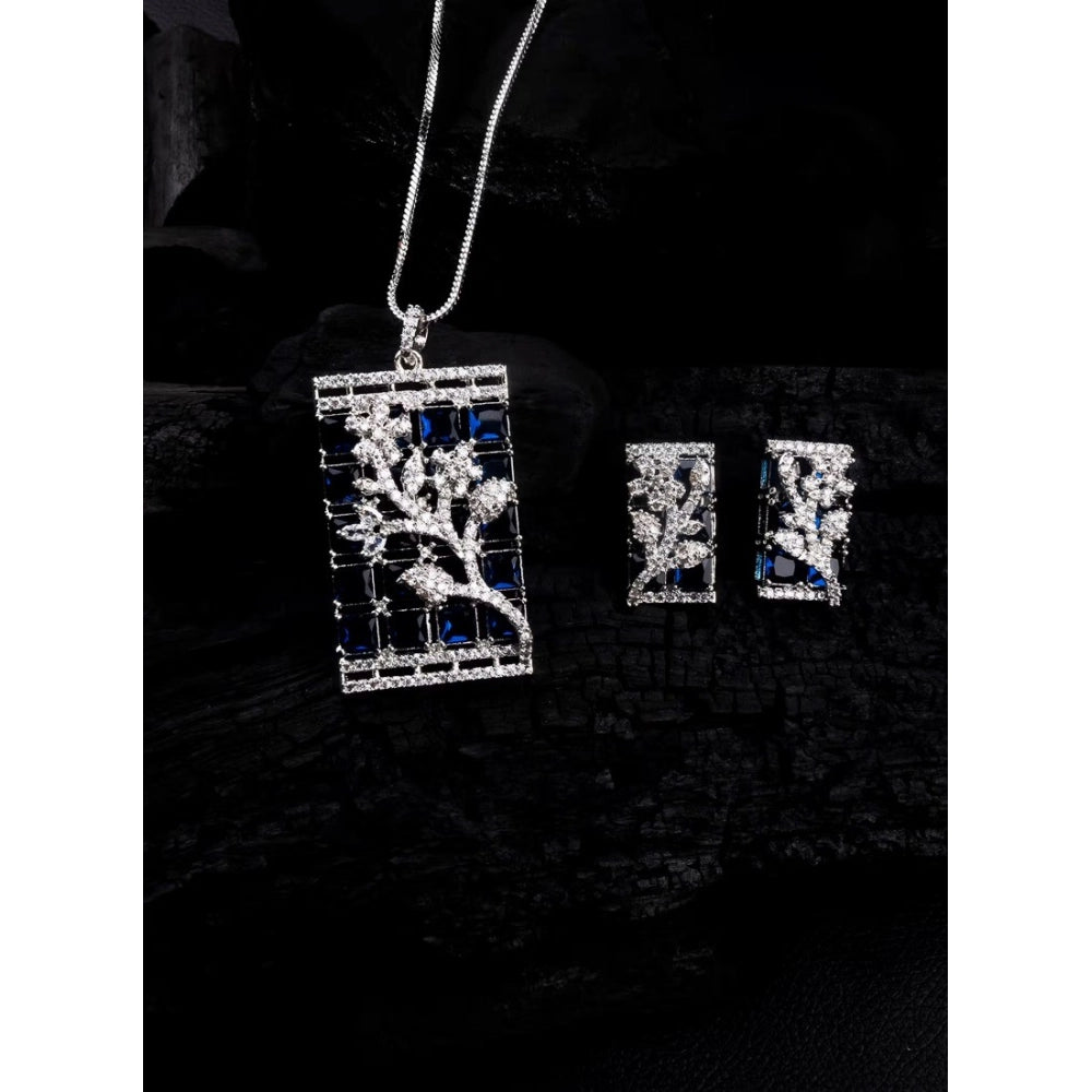Amfyn Women's Brass Silver Plated Pendant Set (Blue)