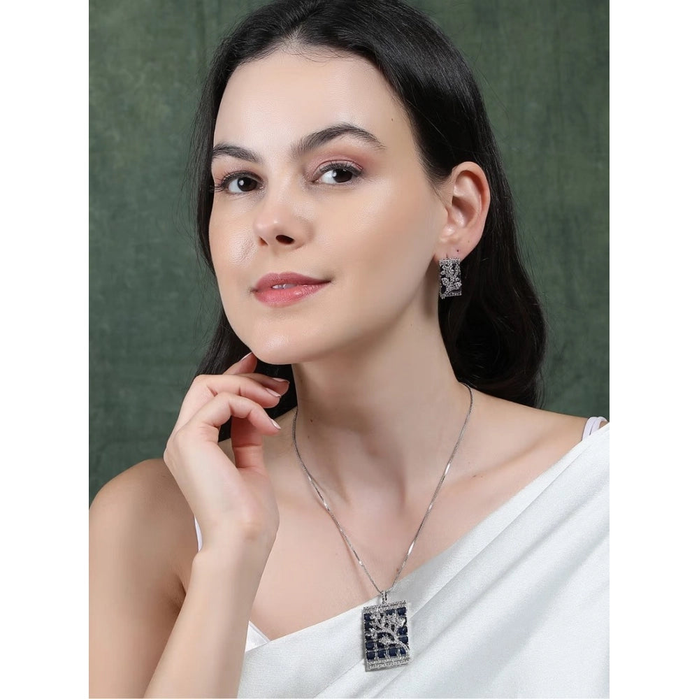 Amfyn Women's Brass Silver Plated Pendant Set (Blue)