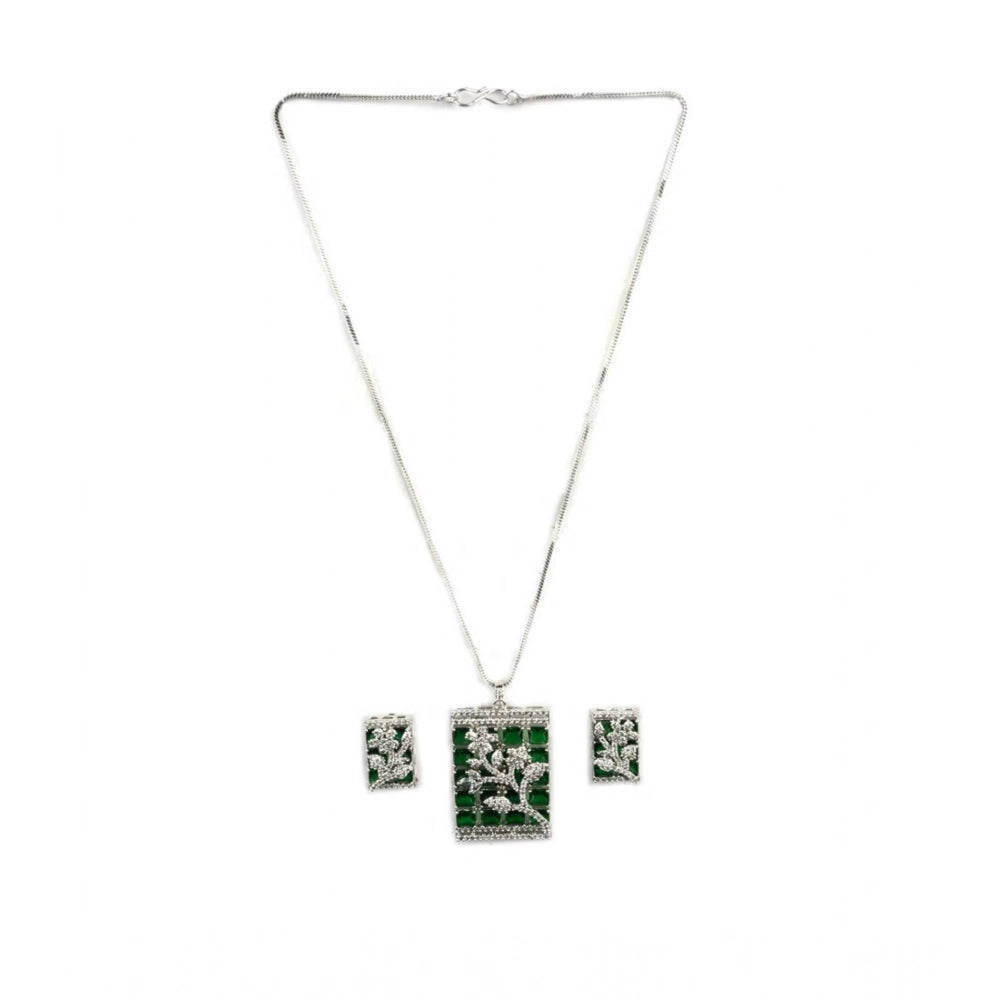 Amfyn Women's Brass Silver Plated Pendant Set (Green)