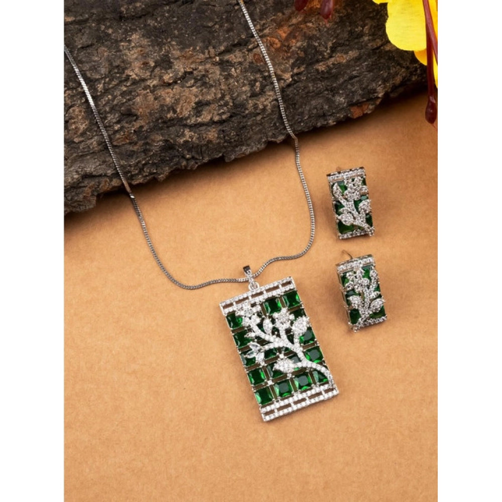 Amfyn Women's Brass Silver Plated Pendant Set (Green)