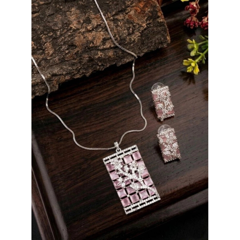 Amfyn Women's Brass Silver Plated Pendant Set (Pink)