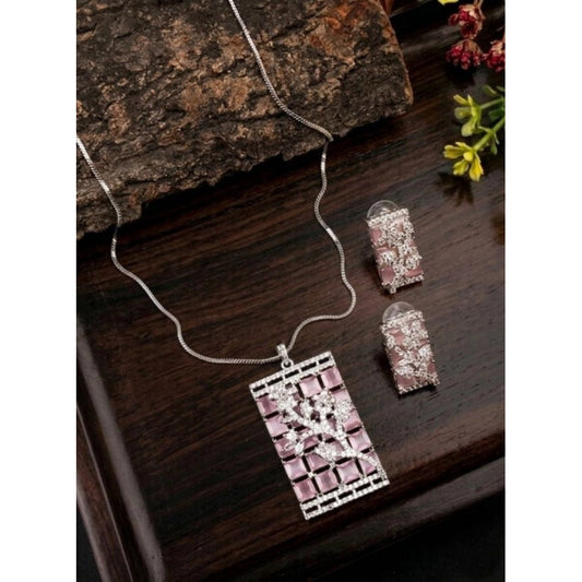 Amfyn Women's Brass Silver Plated Pendant Set (Pink)