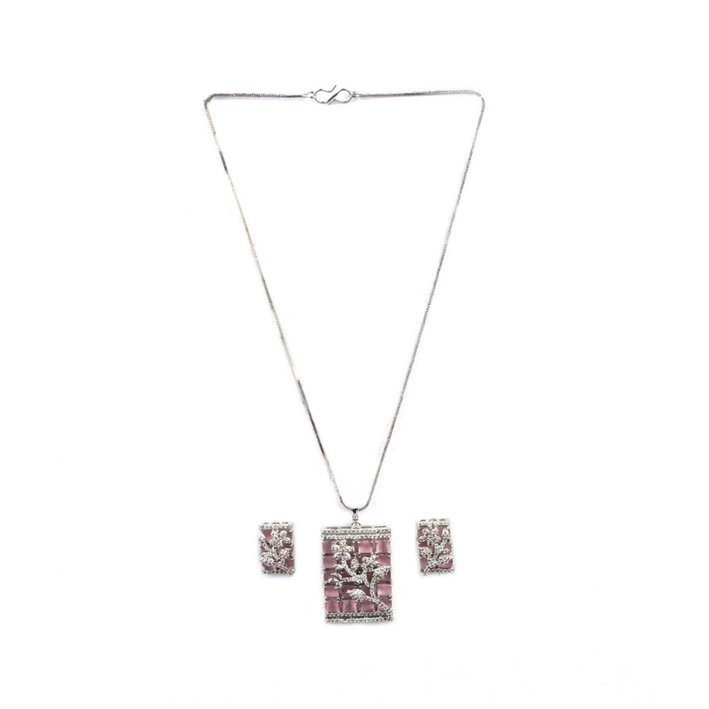Amfyn Women's Brass Silver Plated Pendant Set (Pink)