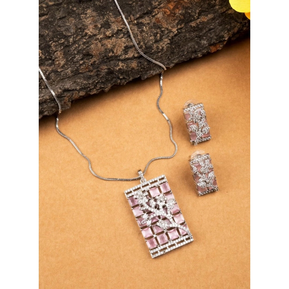 Amfyn Women's Brass Silver Plated Pendant Set (Pink)