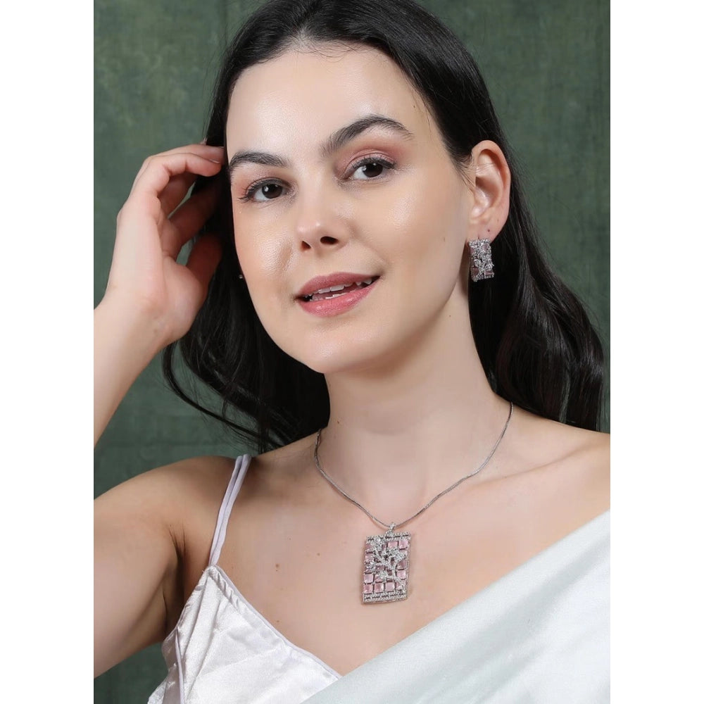Amfyn Women's Brass Silver Plated Pendant Set (Pink)