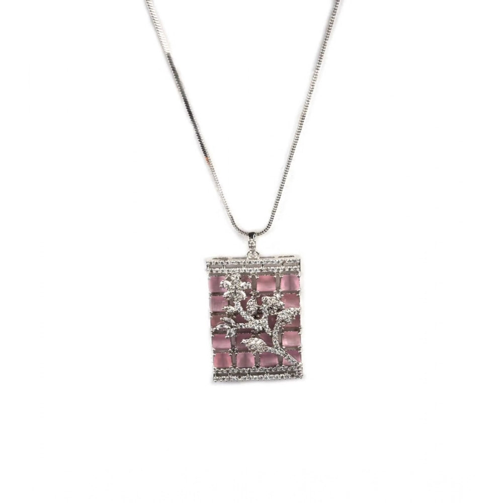 Amfyn Women's Brass Silver Plated Pendant Set (Pink)