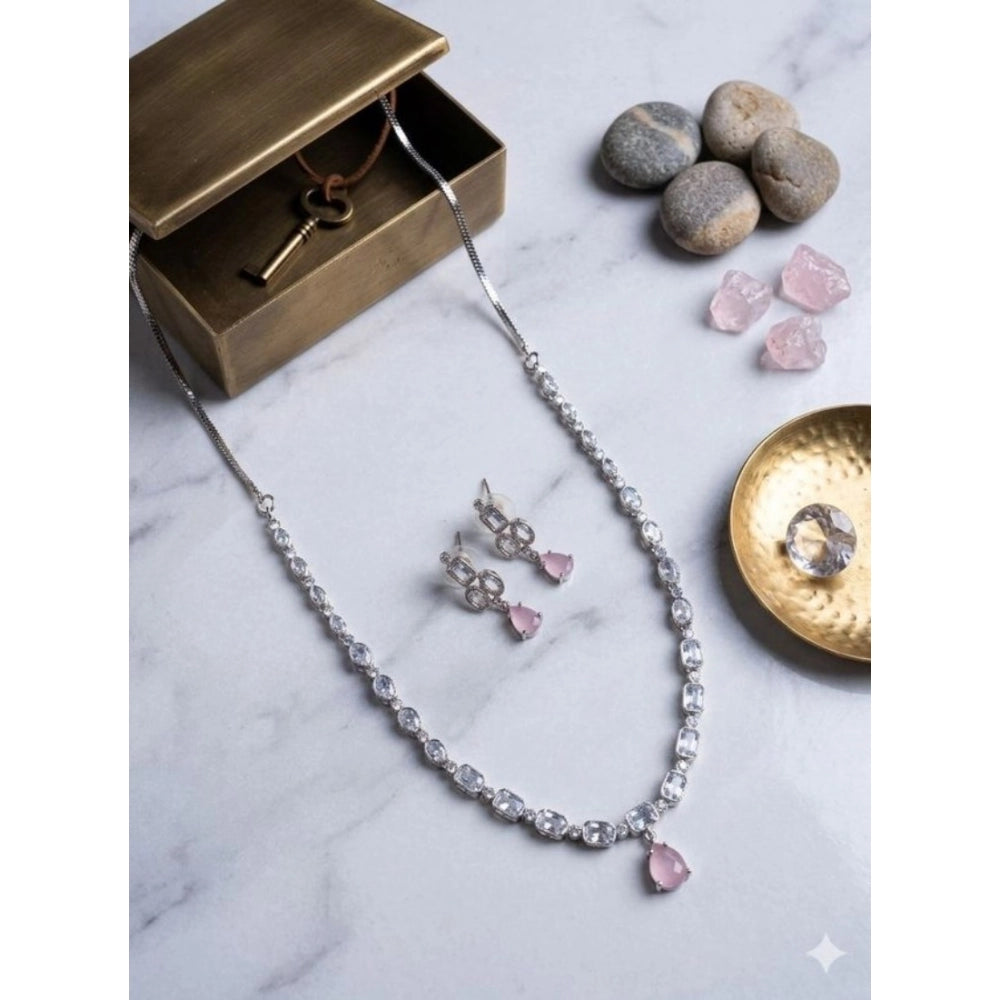Amfyn Women's Brass Silver Plated Necklace set (Pink)