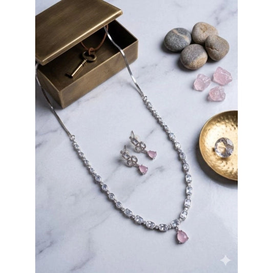 Amfyn Women's Brass Silver Plated Necklace set (Pink)