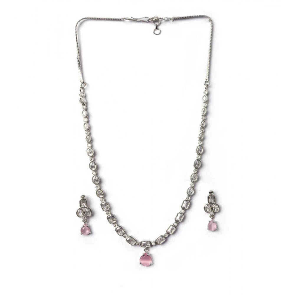 Amfyn Women's Brass Silver Plated Necklace set (Pink)