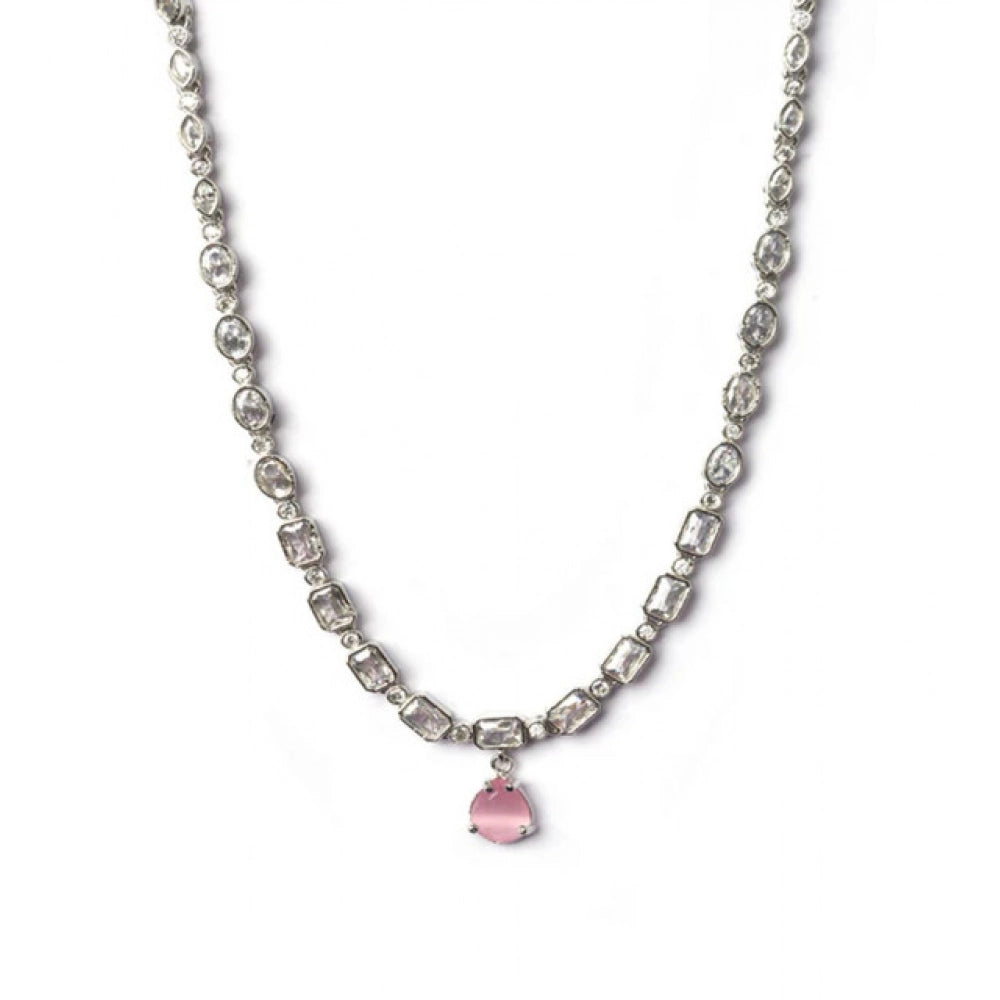 Amfyn Women's Brass Silver Plated Necklace set (Pink)